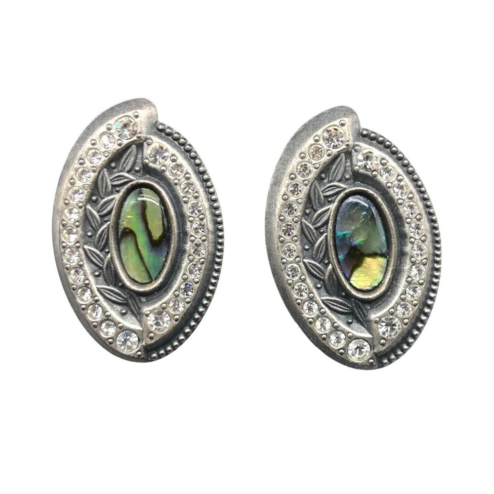 NURI Signed Inlaid Abalone Crystal and Leaves Evil Eye Design Pewter Stud Earrin